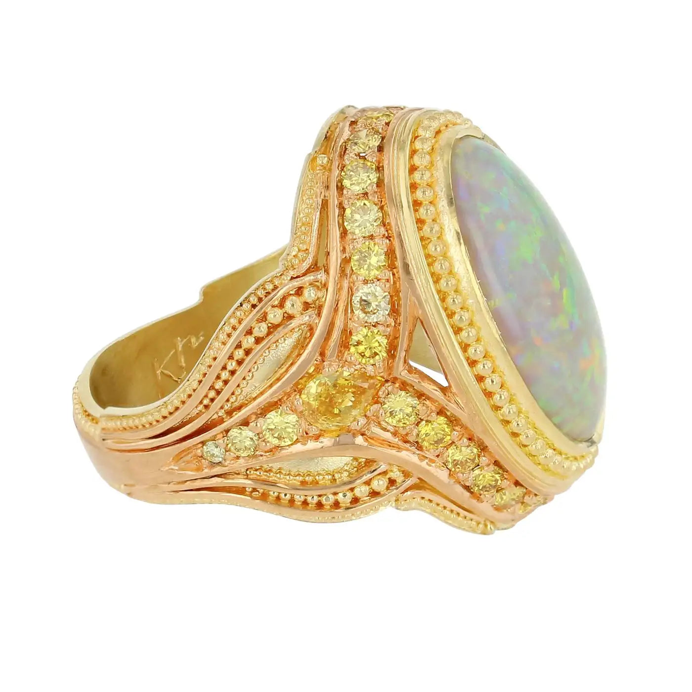 4ct Australian Opal and Yellow Diamond 18k Gold Cocktail Ring