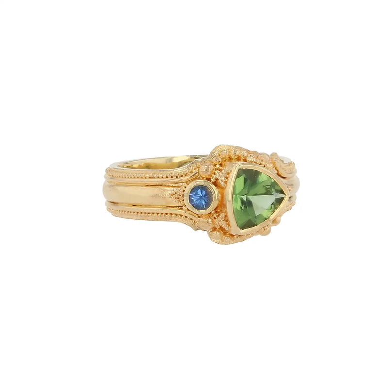 18K Gold Cocktail Ring with Seafoam Tourmaline and Blue Sapphire