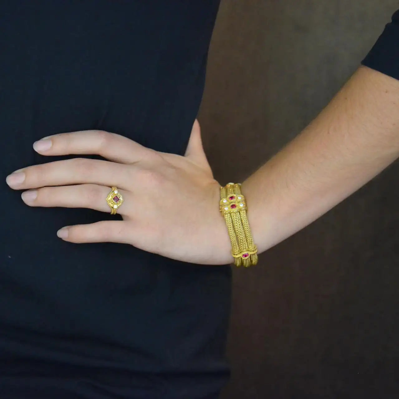 Kent Raible Triple Strand Woven Chain Bracelet with Rubies and Diamonds