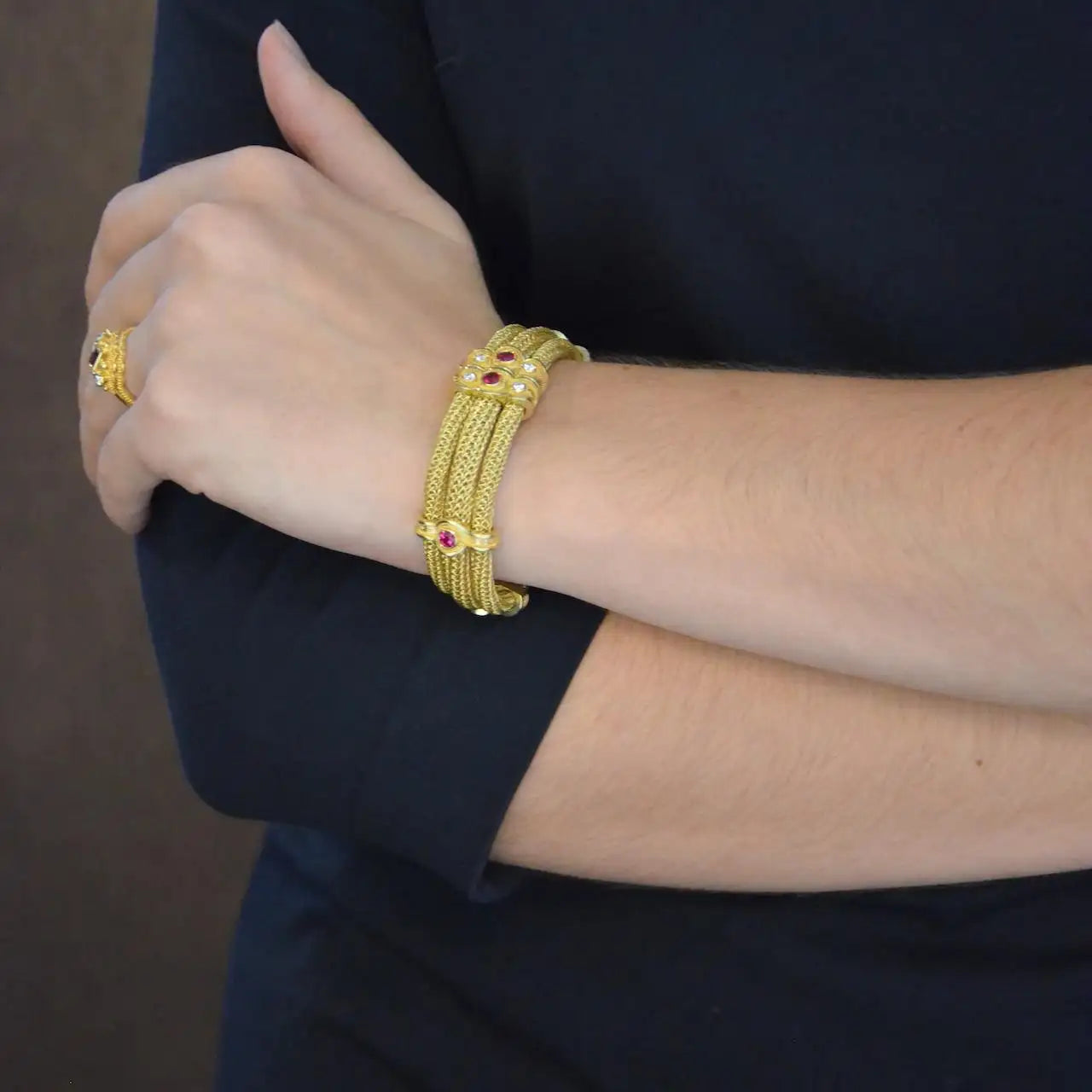 Kent Raible Triple Strand Woven Chain Bracelet with Rubies and Diamonds