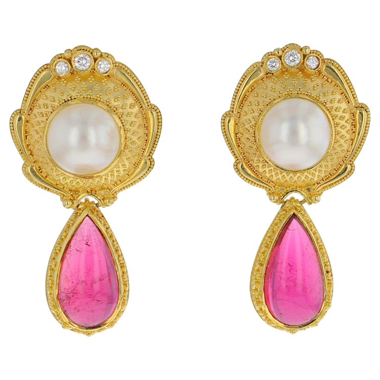 18 Karat Gold Rubellite and Mabe Pearl Earring with Diamonds