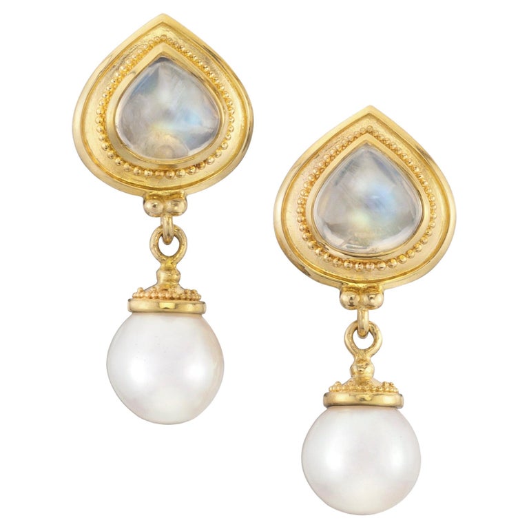 Moonstone and Pearls Drop Earrings with Granulation