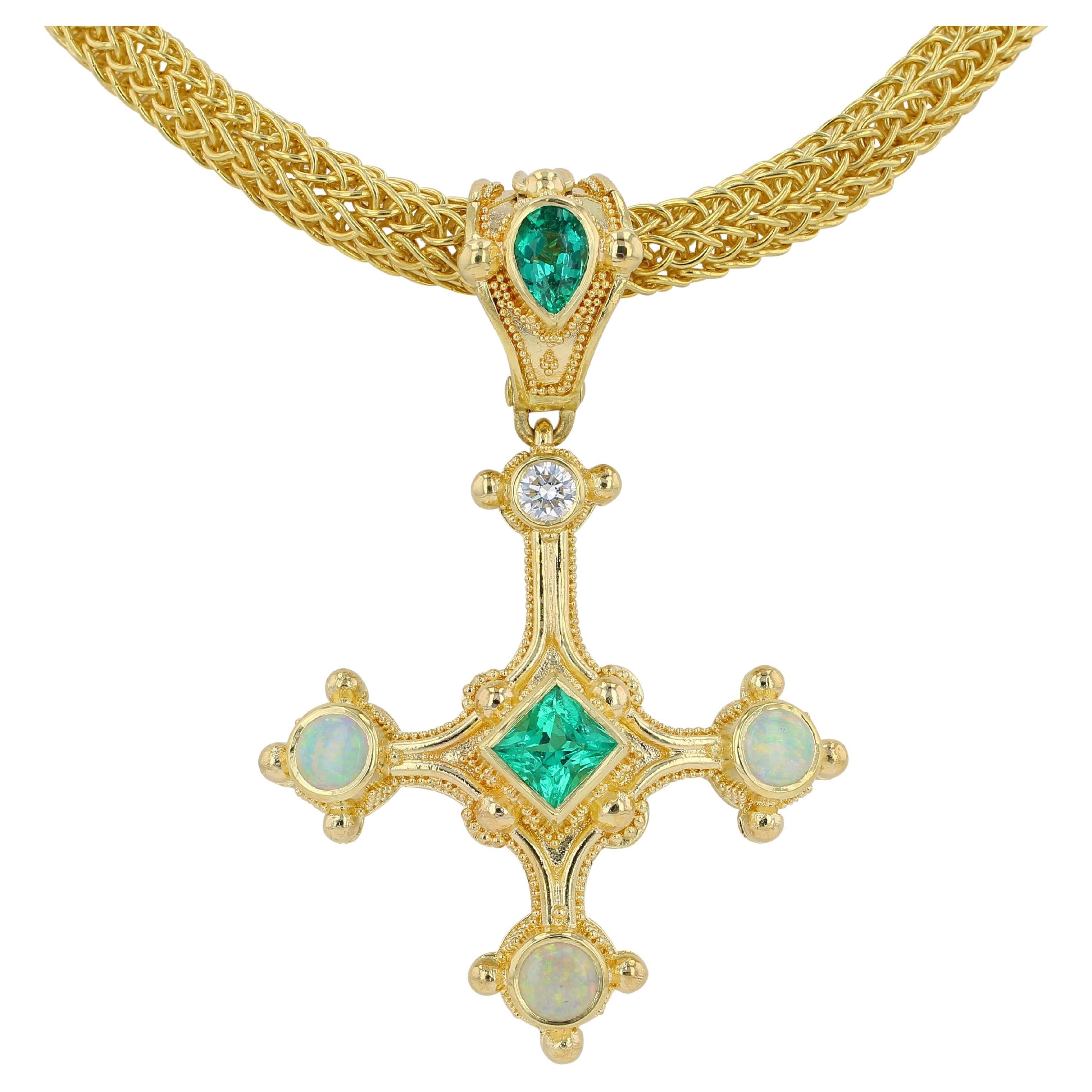 Cross Pendant with Emerald, Diamond and Opals