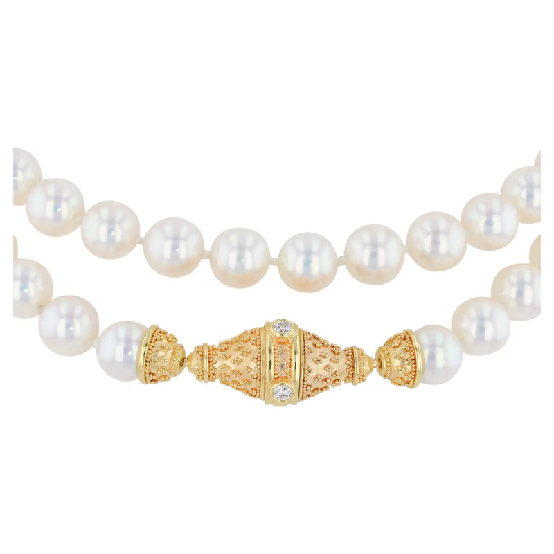 Kent Raible Double Strand Akoya Pearl Necklace, 18 K Gold and Diamond clasp