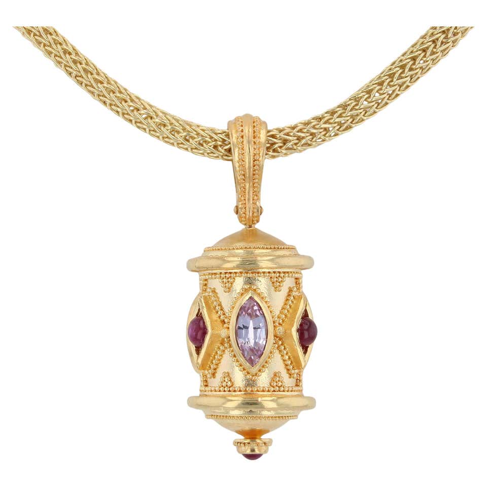 Kent Raible 18 Karat Gold Pink and Ruby Prayer Wheel Pendant with Granulation