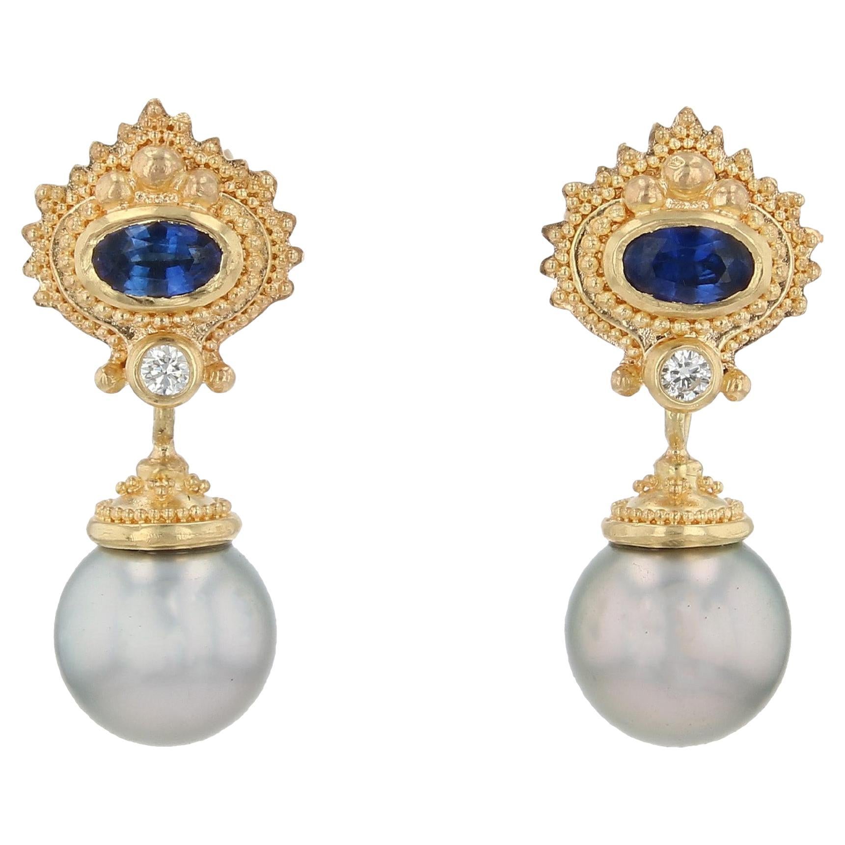 Blue Sapphire, Diamond and Edison Pearl Drop Earrings