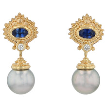 Blue Sapphire, Diamond and Edison Pearl Drop Earrings