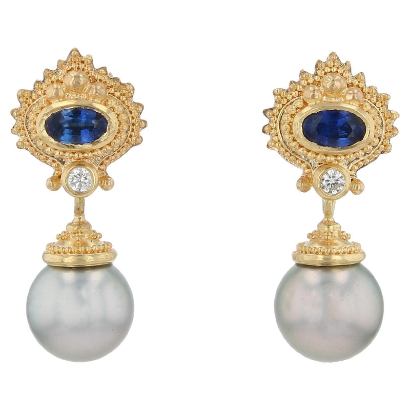 Blue Sapphire, Diamond and Edison Pearl Drop Earrings
