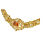 Necklace with hand woven chain: Golden Sapphire 5.54ct, Diamonds DEF VS .80ct, Golden Sapphire (in clasp) 1.18ct, 82.4gr 18k Gold.
