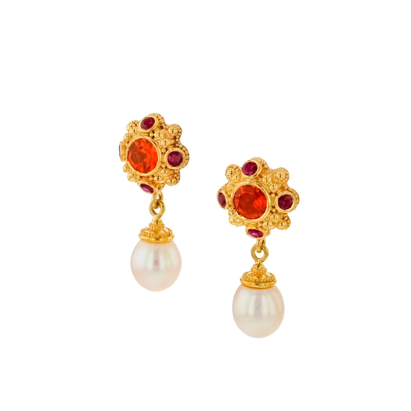 Flower Drop Earring, Mandarin Garnet, Ruby and Pearl