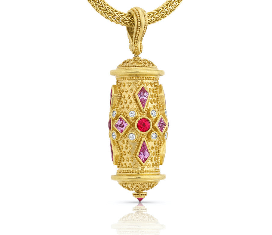 Prayer Wheel Pendant Ruby Sapphire Diamond