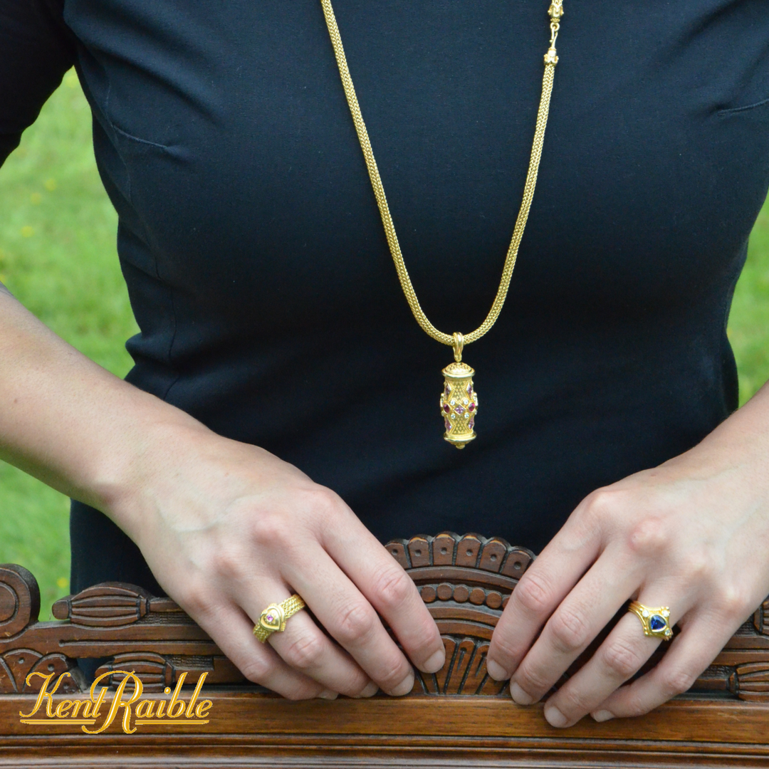 Prayer Wheel Pendant Ruby Sapphire Diamond