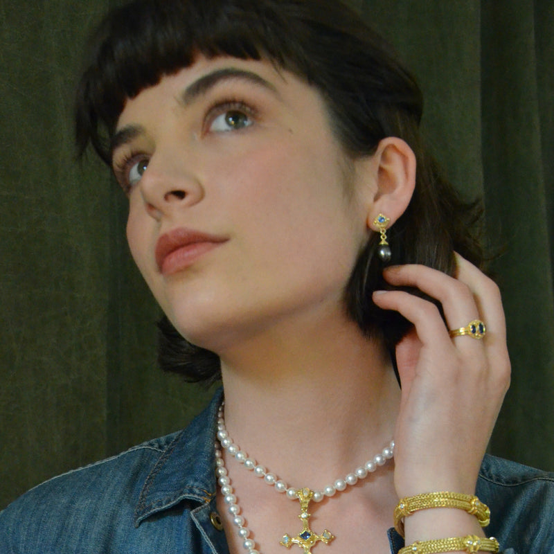 Blue Sapphire and Black Pearl Dangle Earrings