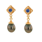Blue Sapphire and Black Pearl Dangle Earrings