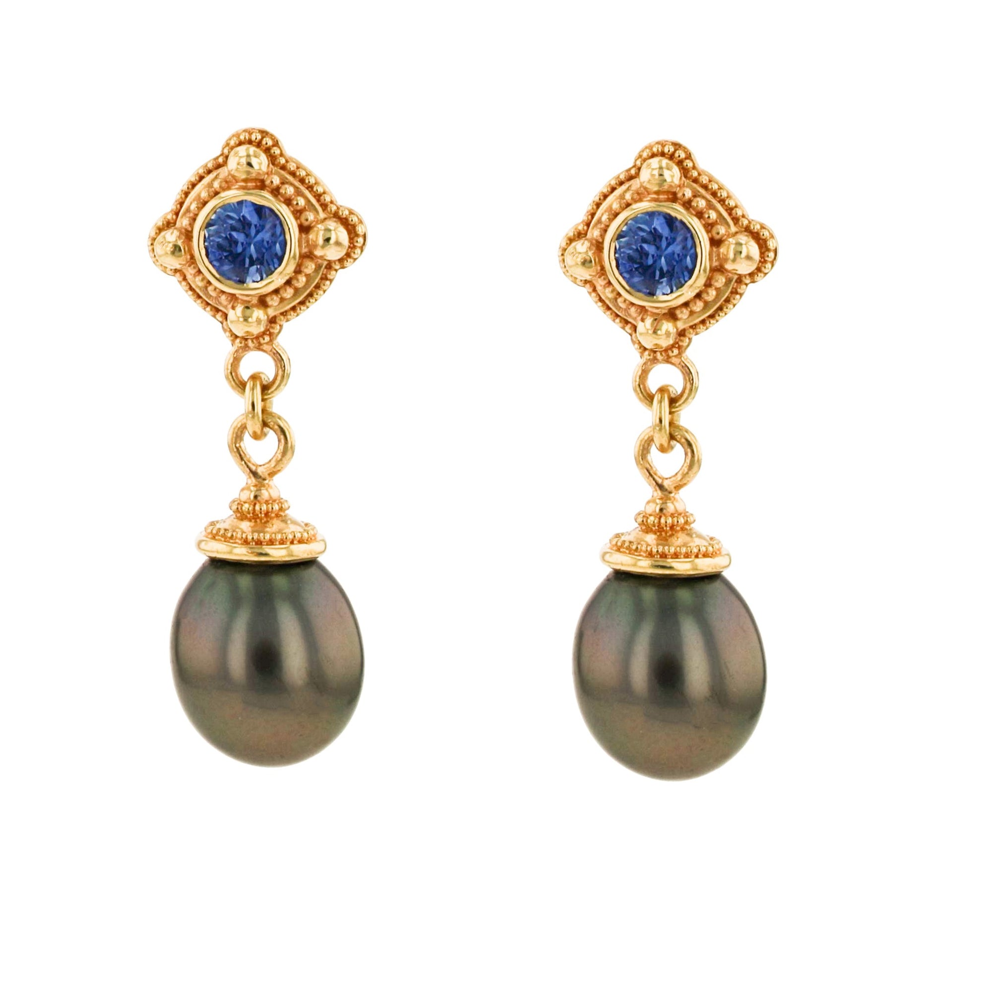 Blue Sapphire and Black Pearl Dangle Earrings