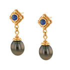 Blue Sapphire and Black Pearl Dangle Earrings