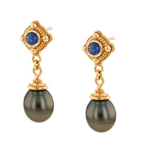 Blue Sapphire and Black Pearl Dangle Earrings