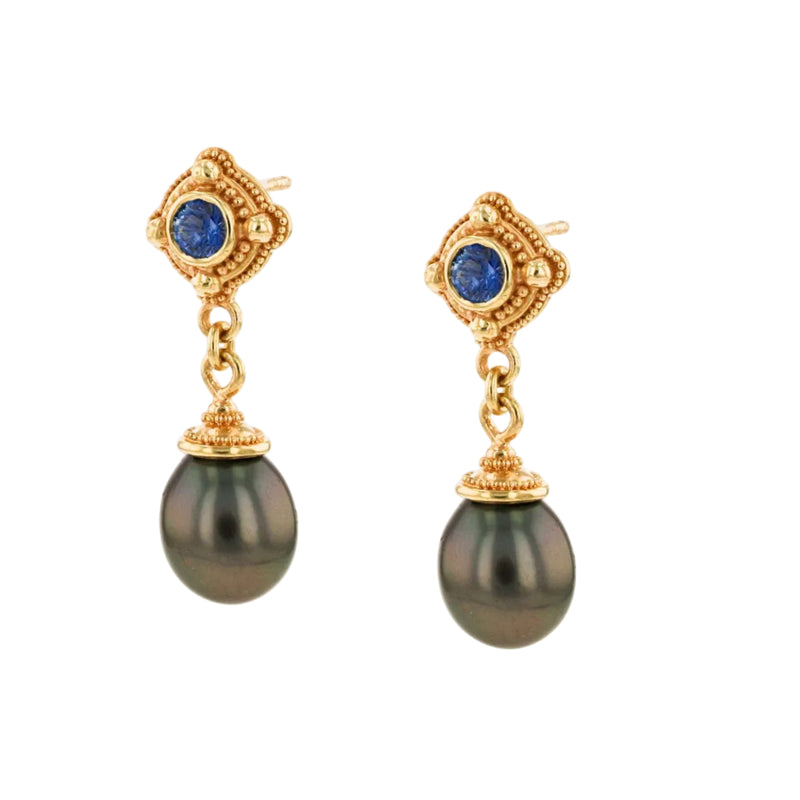 Blue Sapphire and Black Pearl Dangle Earrings