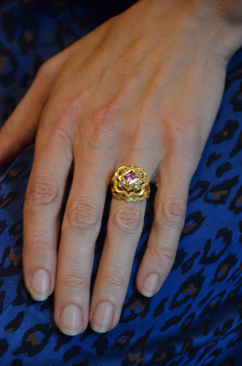 Princess Cut Pink Sapphire with Diamonds Cocktail Ring