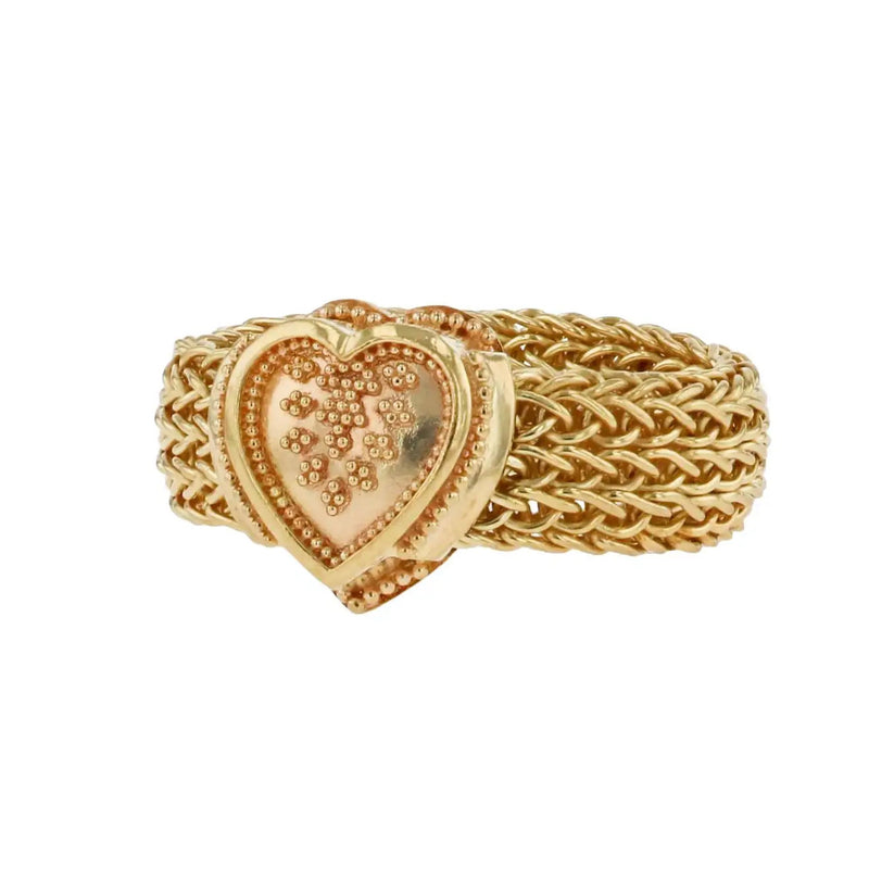 All Gold Heart Ring with a Woven Chain Band
