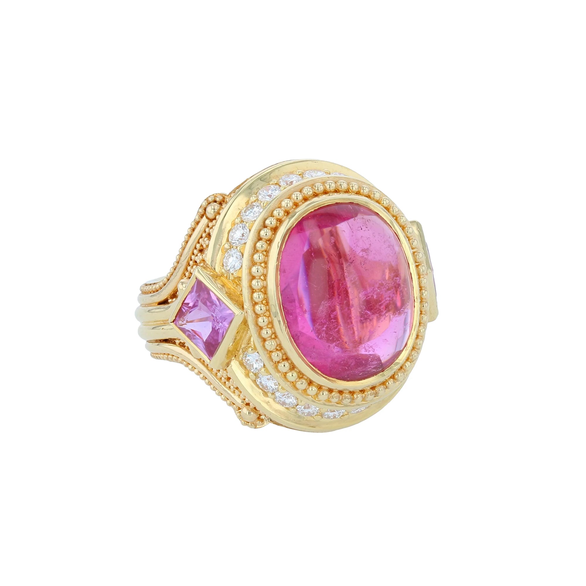 Rubellite Tourmaline, Diamond, Sapphire Cocktail Ring