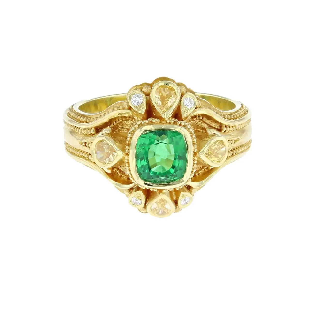 Chrome Tourmaline and Yellow Diamond Cluster Ring