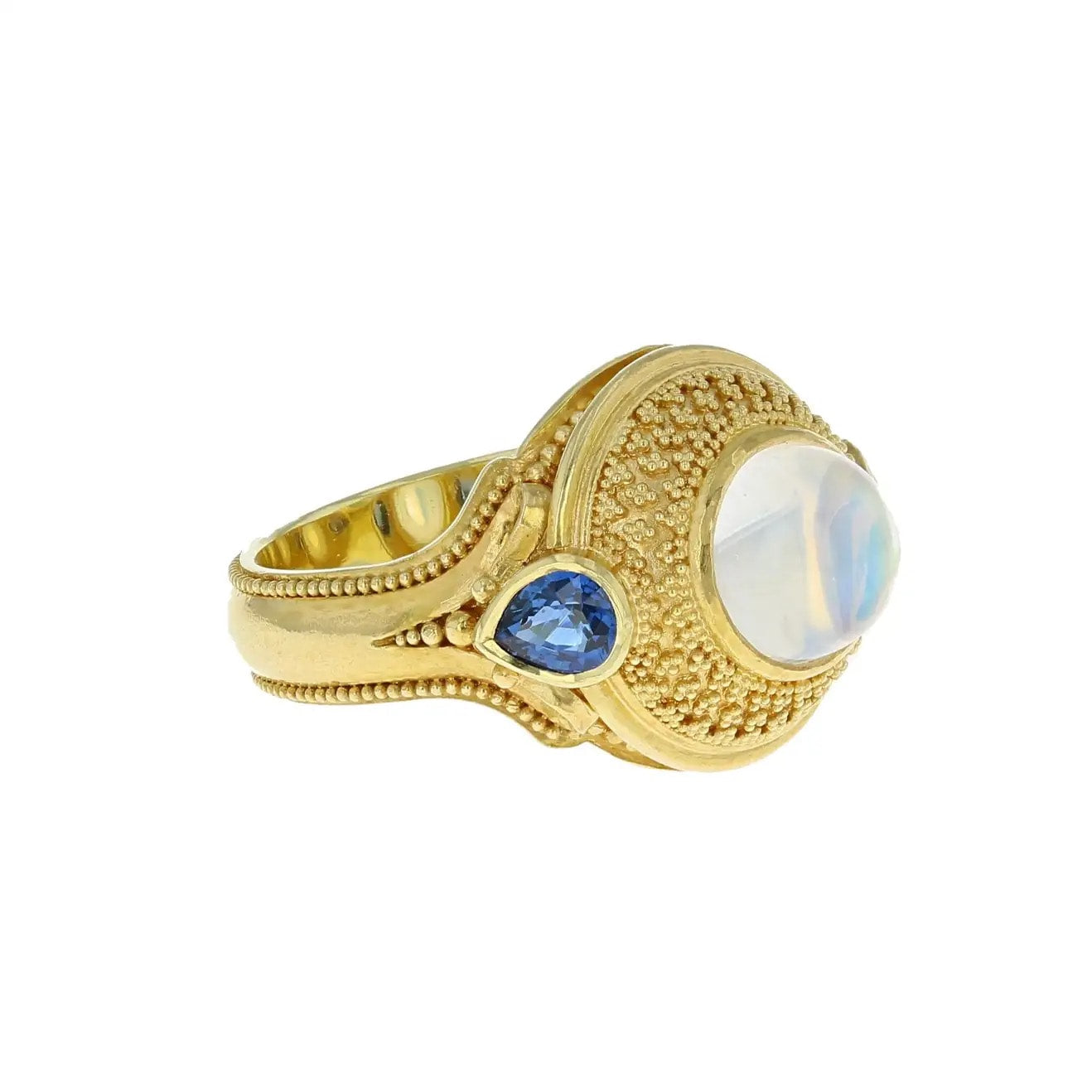 Rainbow Moonstone and Blue Sapphire Dome Ring
