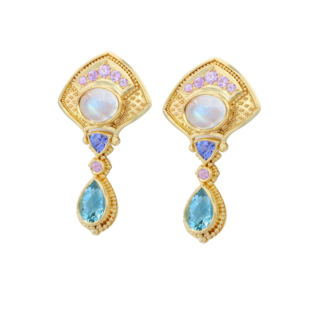 Moon Flower Multi Gemstone Drop Earrings