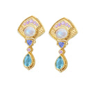 Moon Flower Multi Gemstone Drop Earrings