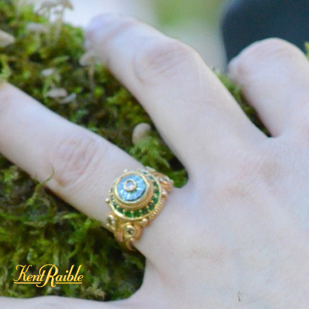 Torus Cut Green Sapphire, Champagne Diamonds and Tsavorite Garnet Cocktail Ring