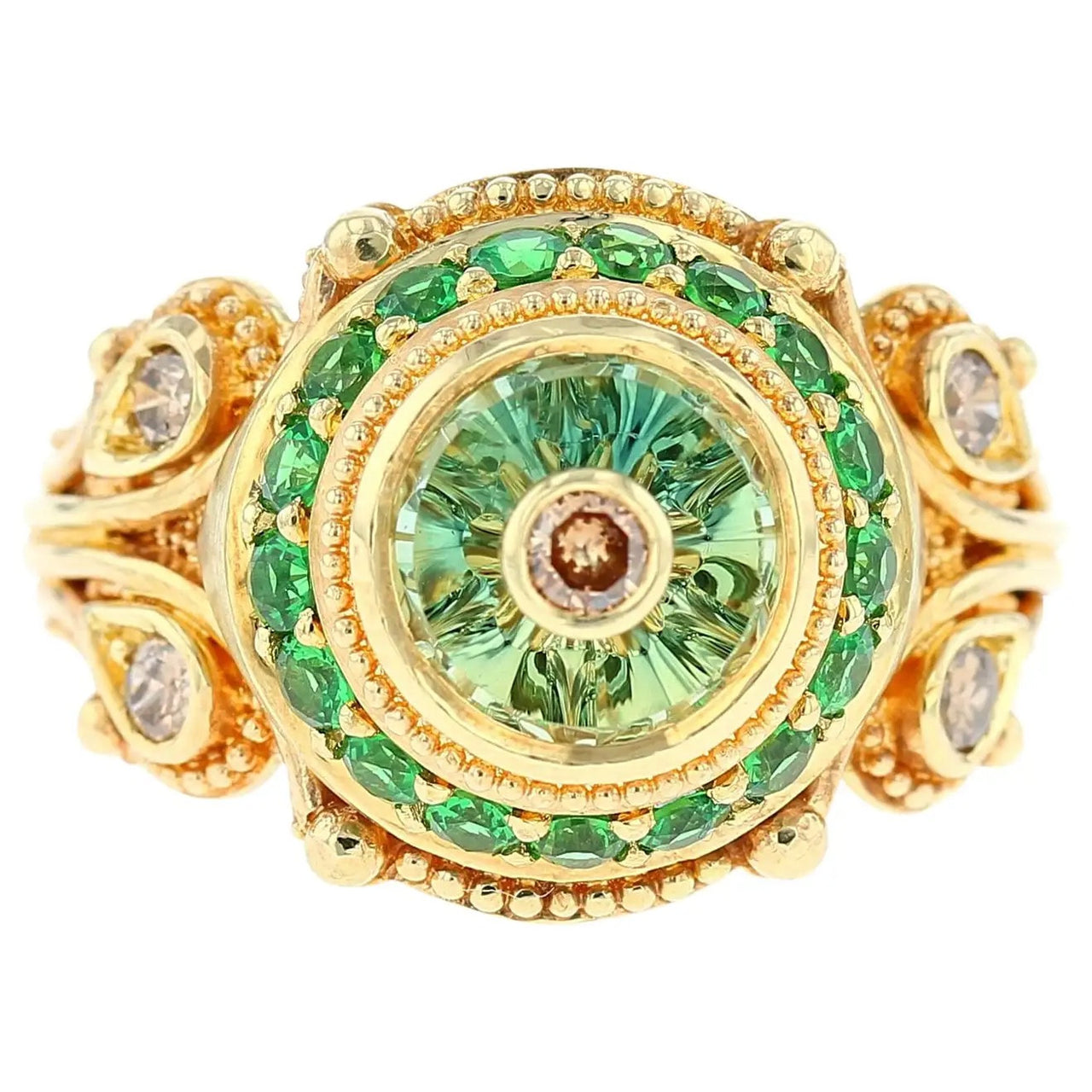 Torus Cut Green Sapphire, Champagne Diamonds and Tsavorite Garnet Cocktail Ring