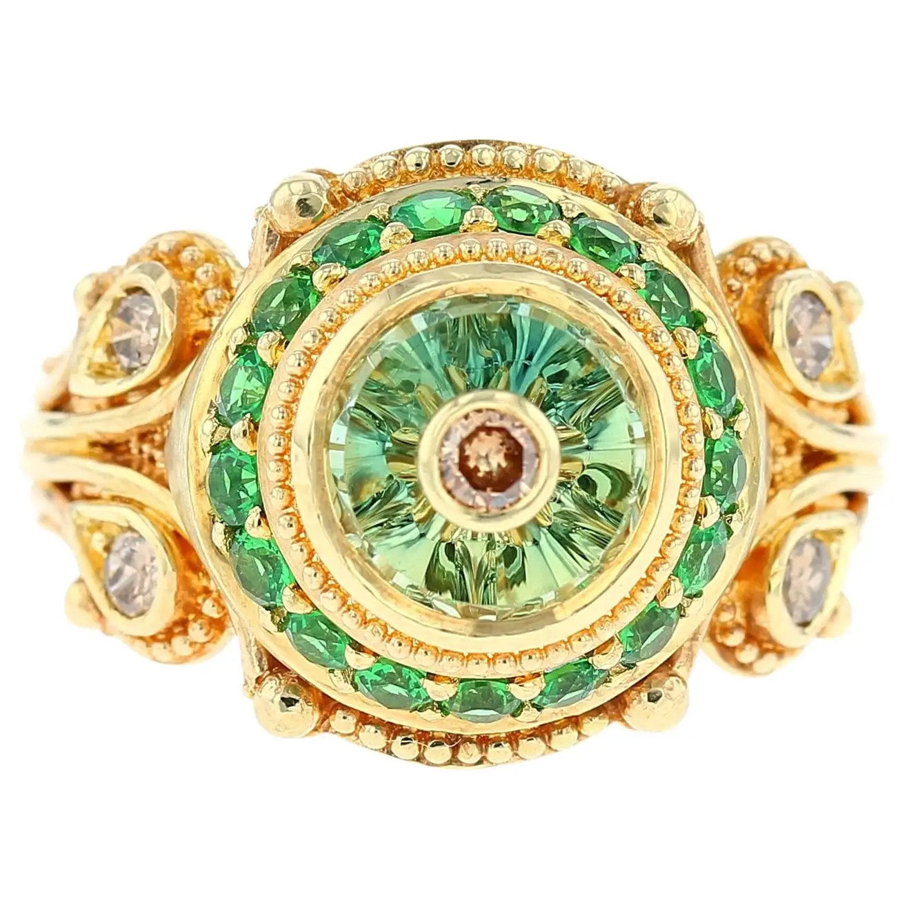 Torus Cut Green Sapphire, Champagne Diamonds and Tsavorite Garnet Cocktail Ring