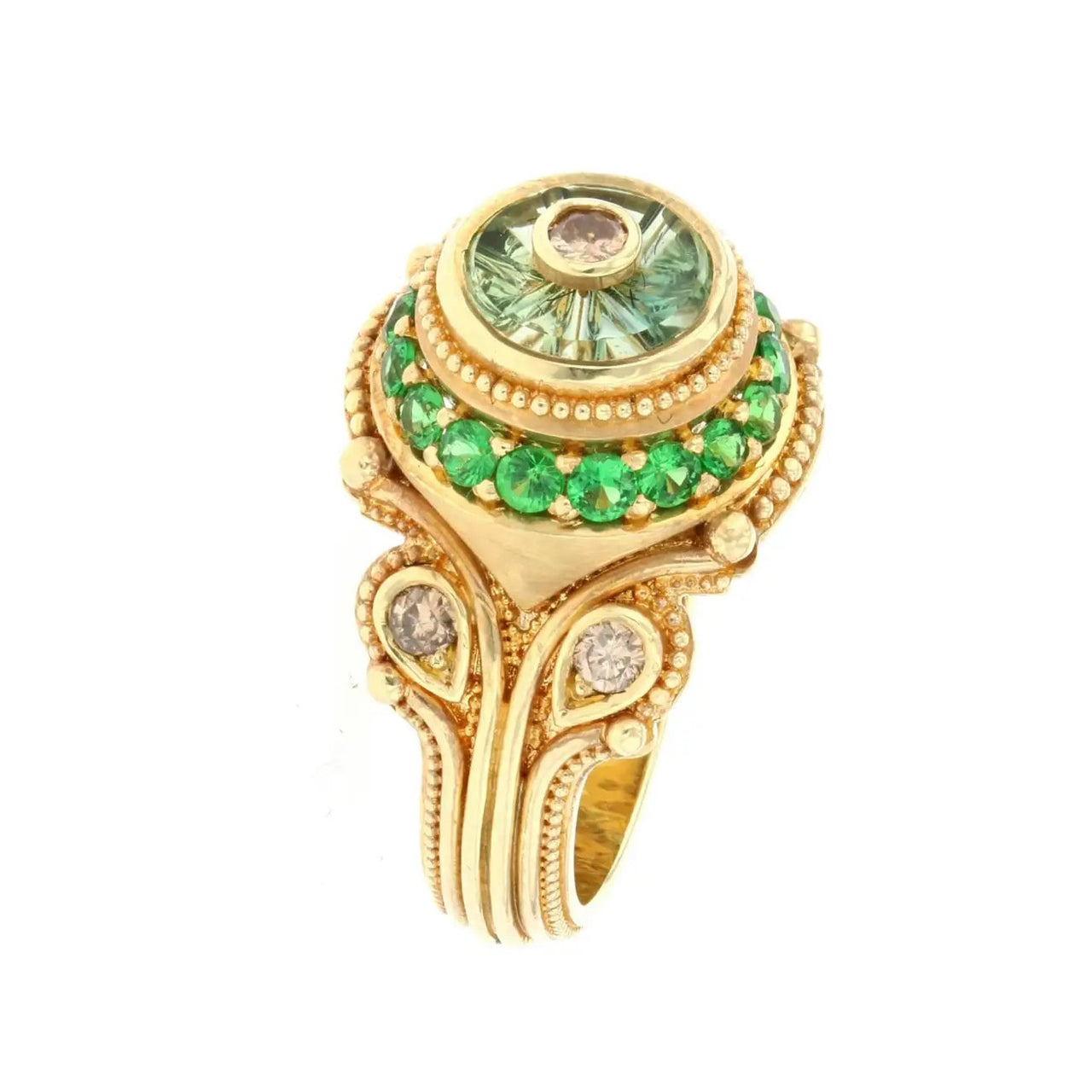 Torus Cut Green Sapphire, Champagne Diamonds and Tsavorite Garnet Cocktail Ring