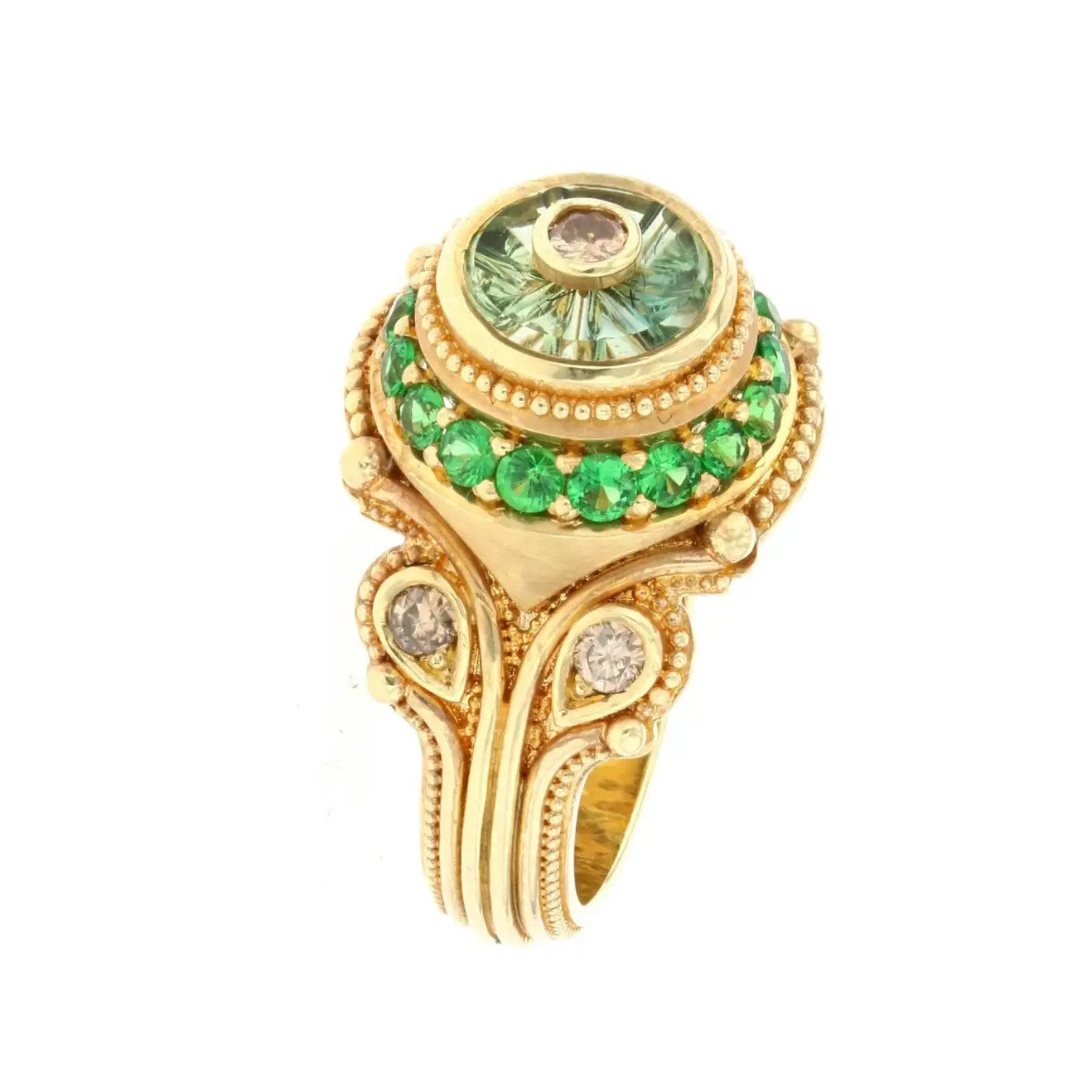 Torus Cut Green Sapphire, Champagne Diamonds and Tsavorite Garnet Cocktail Ring