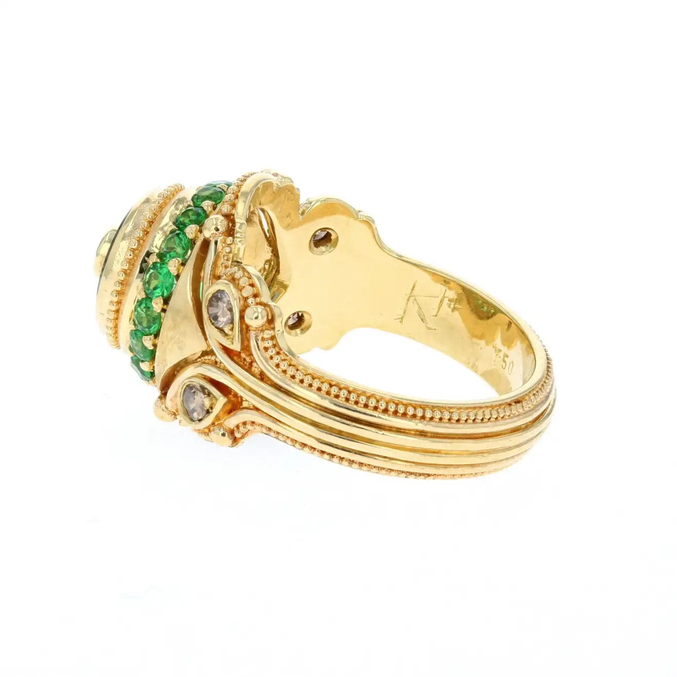 Torus Cut Green Sapphire, Champagne Diamonds and Tsavorite Garnet Cocktail Ring
