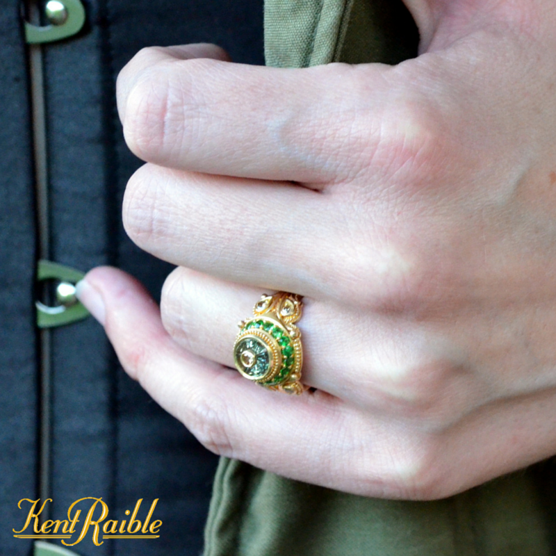 Torus Cut Green Sapphire, Champagne Diamonds and Tsavorite Garnet Cocktail Ring