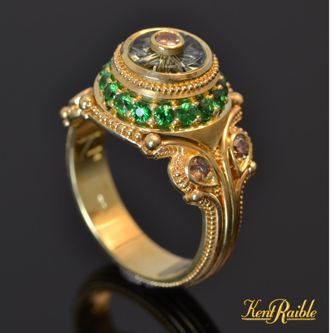 Torus Cut Green Sapphire, Champagne Diamonds and Tsavorite Garnet Cocktail Ring