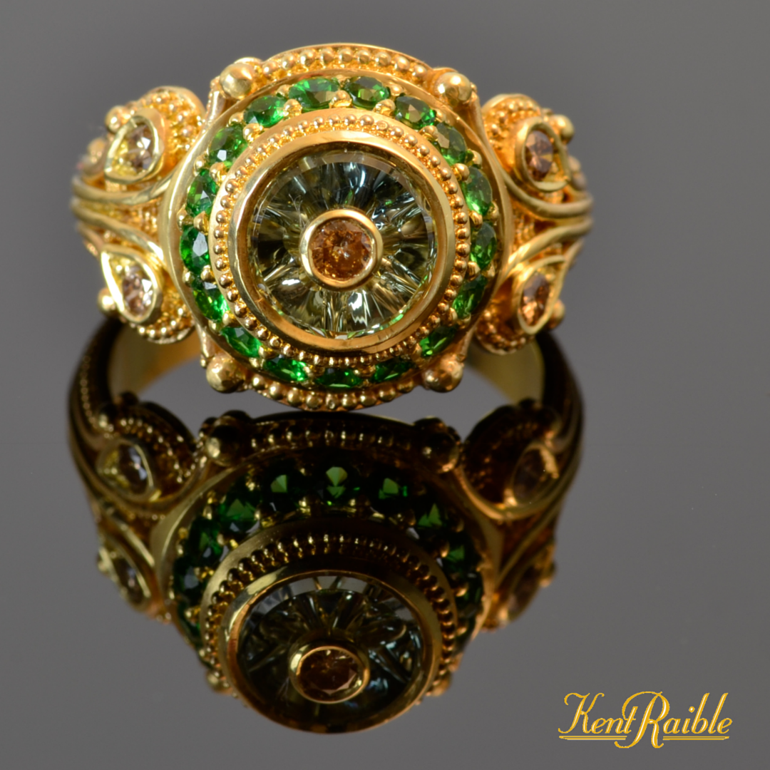 Torus Cut Green Sapphire, Champagne Diamonds and Tsavorite Garnet Cocktail Ring