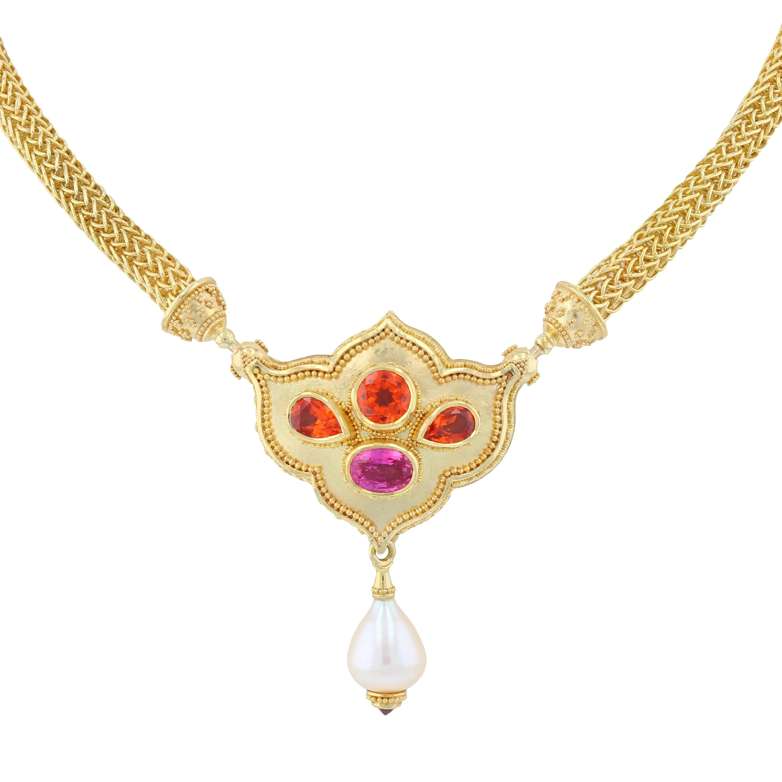 Flower Jewel Pendant Necklace with Mandarin Garnets and Spinel