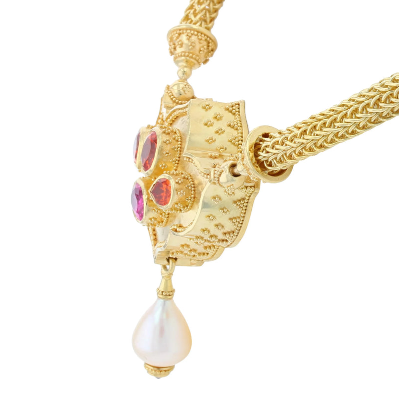 Flower Jewel Pendant Necklace with Mandarin Garnets and Spinel