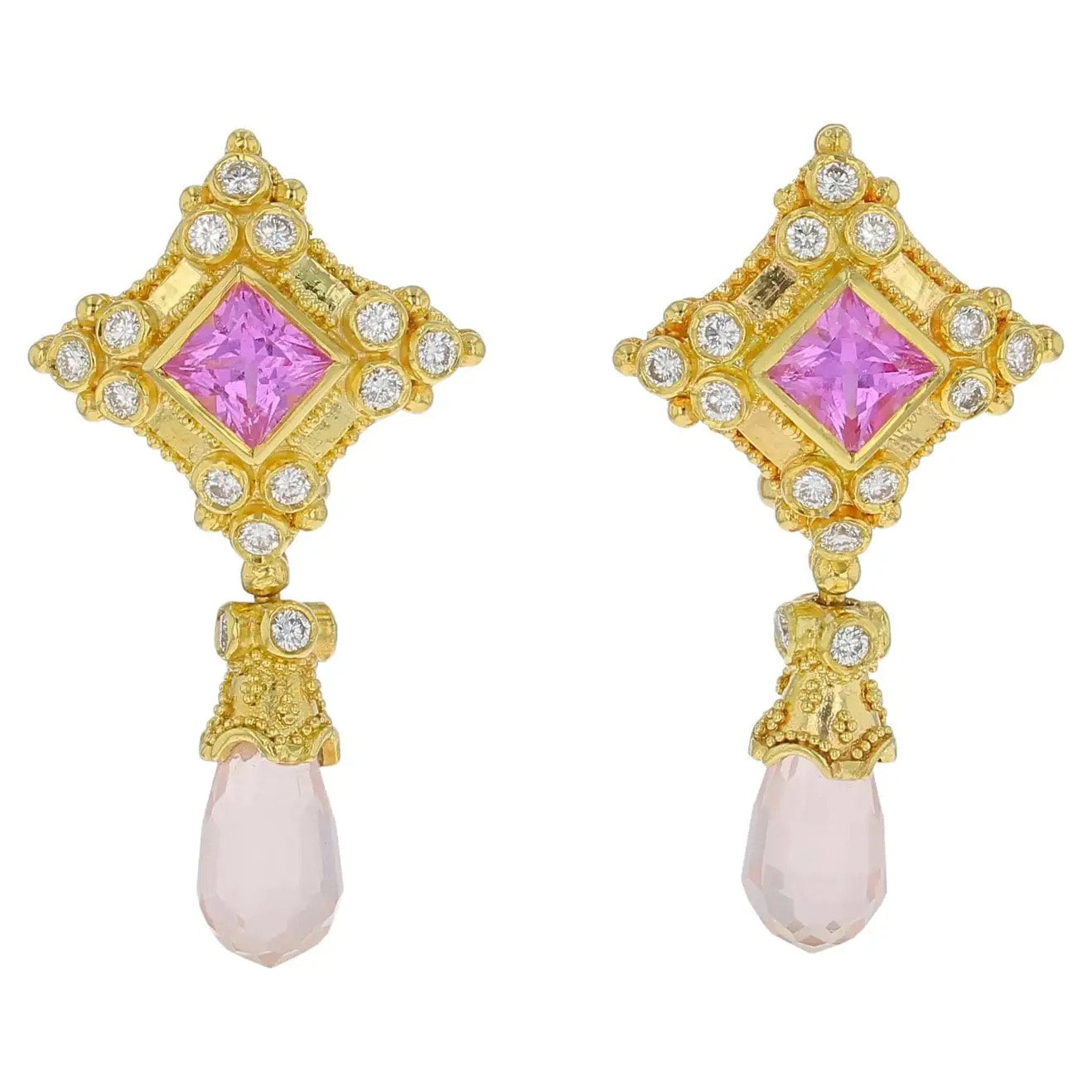 Pink Sapphire, Rose Quartz and Diamond Earrings