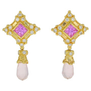 Pink Sapphire, Rose Quartz and Diamond Earrings