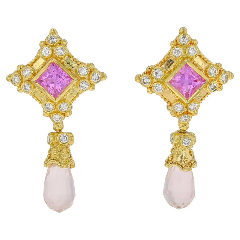 Pink Sapphire, Rose Quartz and Diamond Earrings